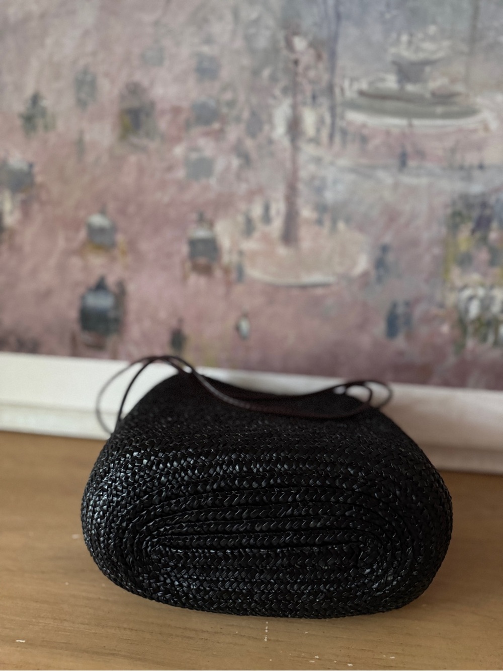 Elegant Black Wheat Straw Bucket Bag with Brown Decorative Straps - Picture 5 of 7